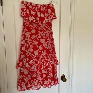 Lulus Paradise Is Waiting Red Floral Print Strapless Midi Dress | Size XS